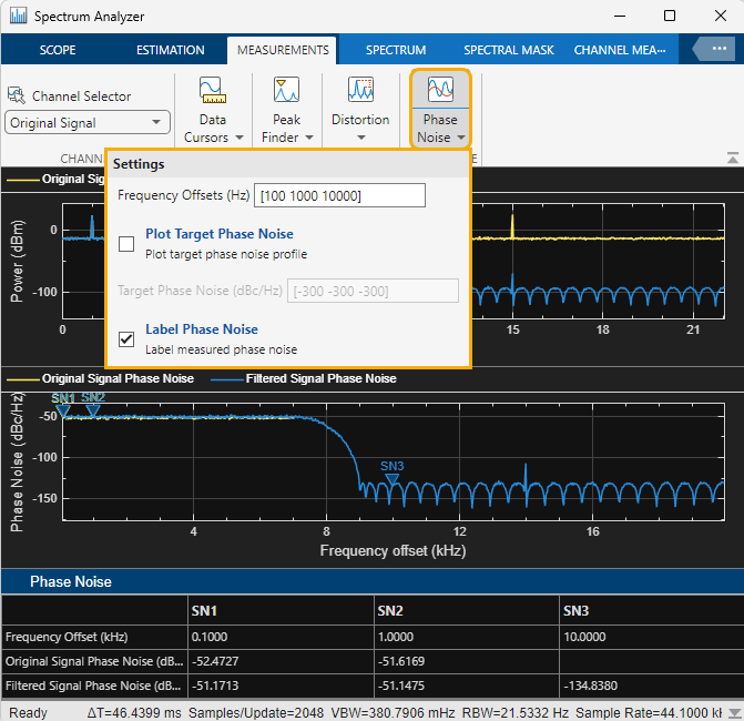 Snapshot showing phase noise measurements.