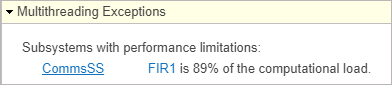 example message that shows subsystems with performance limitations. In the example, FIR block is the 89% of the computational load.