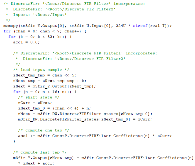 This image shows a sequence of for loops in the in-place optimized generated code. The first two for loops control the iteration over the number of input channels and the samples in each channel. The first for loop with the iteration index n corresponds to the first Discrete FIR Filter block.