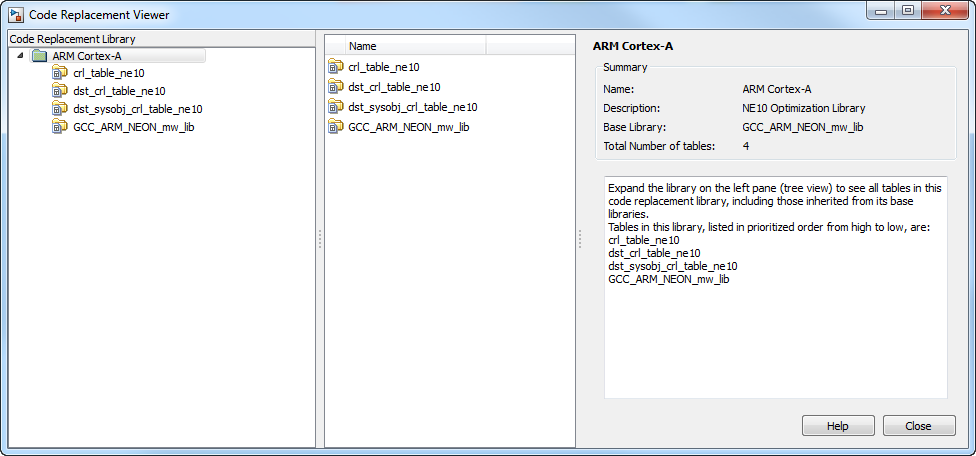 The Code Replacement Viewer displays the available code replacement libraries.