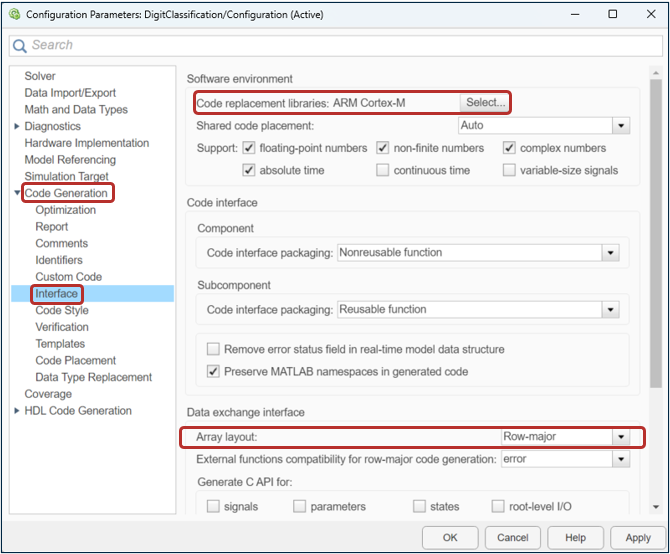 Configuration parameter window with Code replacement libraries highlighted.