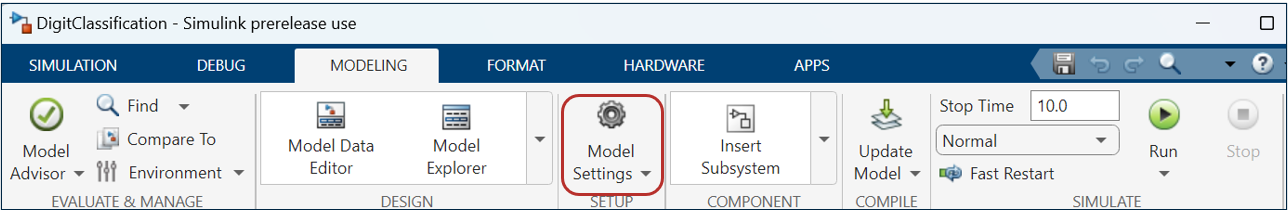 Simulink toolstrip with Model Settings.