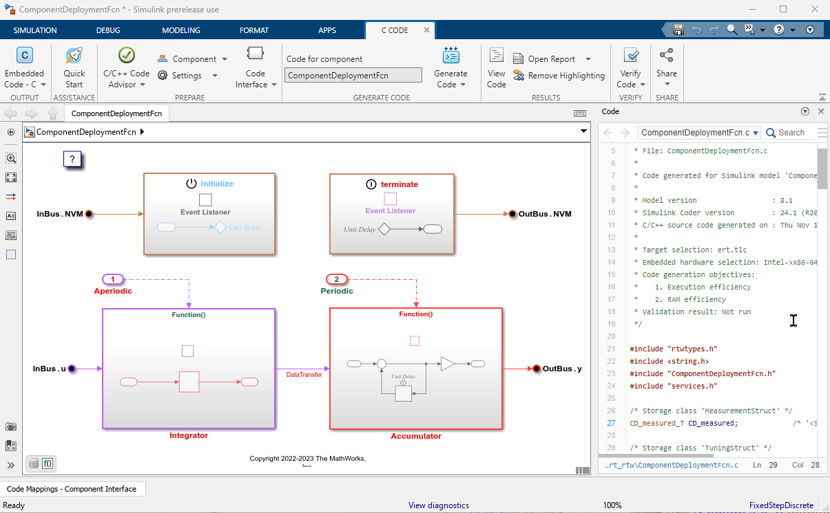 View of the ComponentDeploymentFcn model in context of Embedded Coder app. The toolstrip is at the top. The model is in the middle. The Code view is on the right.