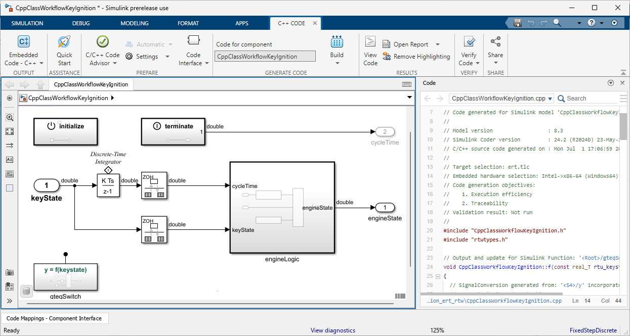 View of the CppClassWorkflowKeyIgnition model in Simulink. The toolstrip is at the top. The Simulink model is in the middle. The Code view is on the right.