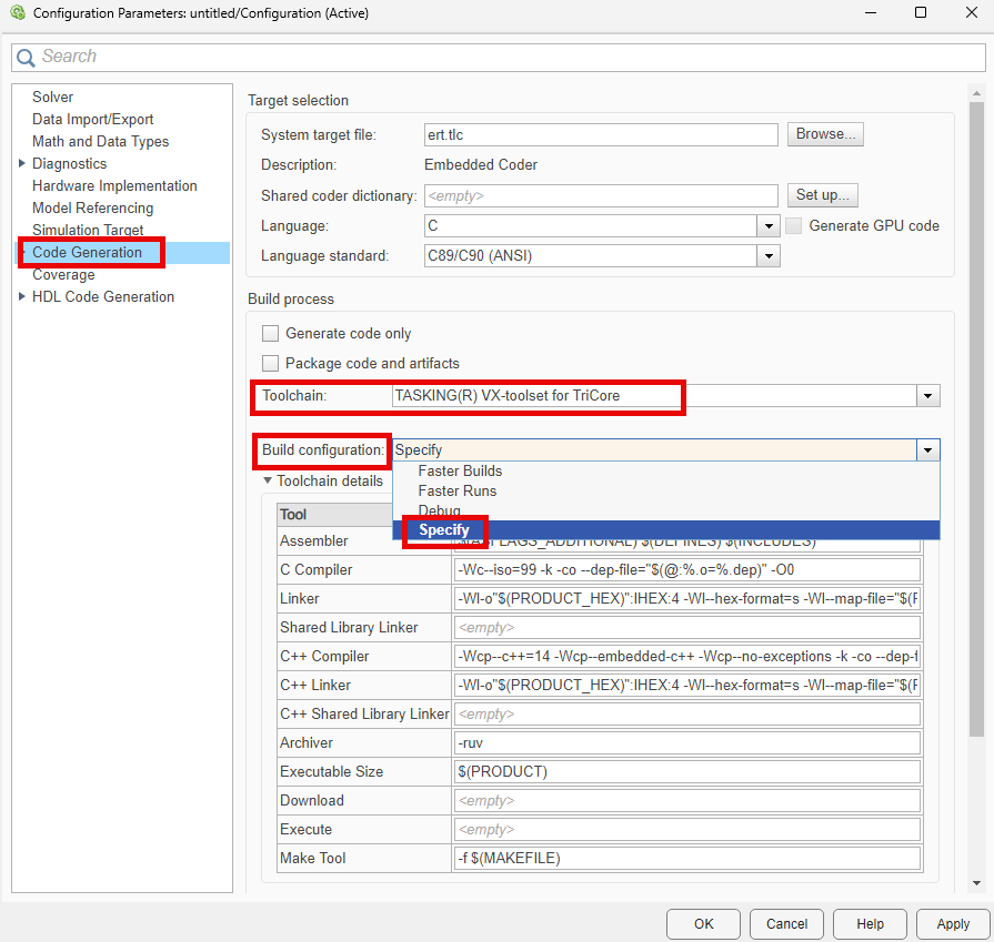 Toolchain build configuration settings in code generation