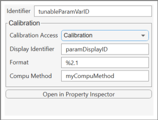 Additional Parameters dialog box. The Calibration section properties are Calibration Access: Calibration, Display Identifier: paramDisplayID, Format: %2.1, and Compu Method: myCoimpuMethod.