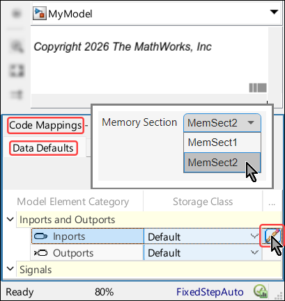 Code Mappings editor is open with the Data Defaults tab selected. The mouse cursor is clicking on the pencil icon to the right of the top entry in the table, under the table subsection "Inports and Outports". The specified storage class for the entry is "Default". A dialog box is open above the pencil icon, with a drop-down list for the parameter "Memory Section". The two available options in the list are "MemSect1" and "MemSect2", and the second option is selected.
