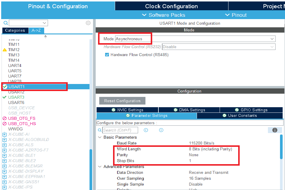 More protocol configuration for USART port in STM32 CubeMX configuration software