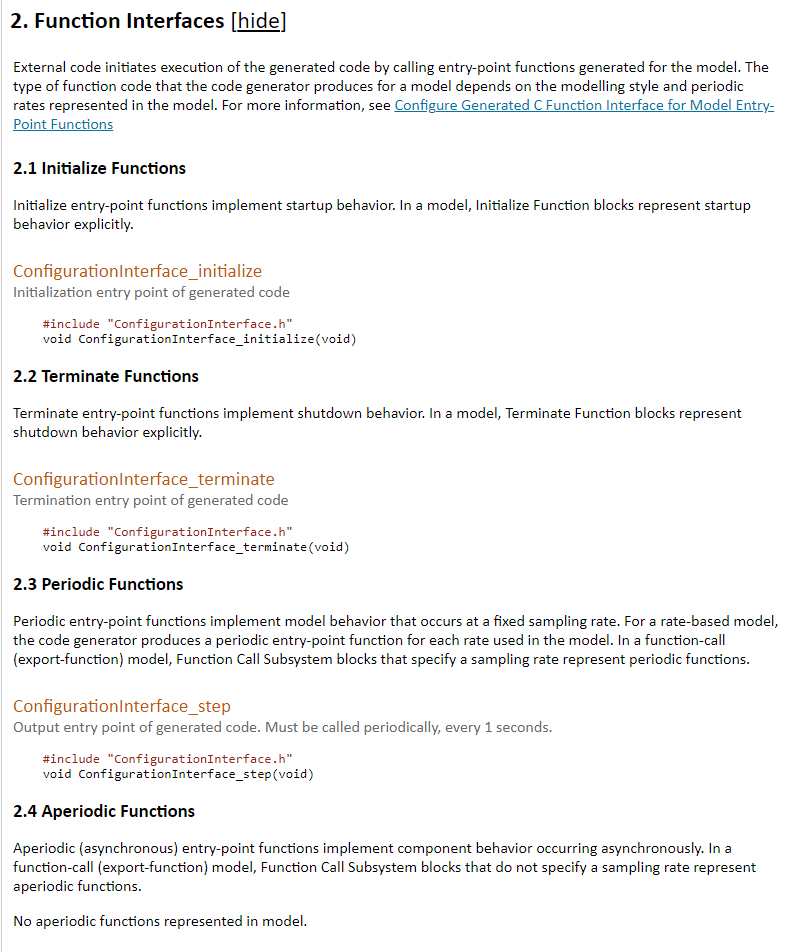 Function interfaces section of the code interface report.