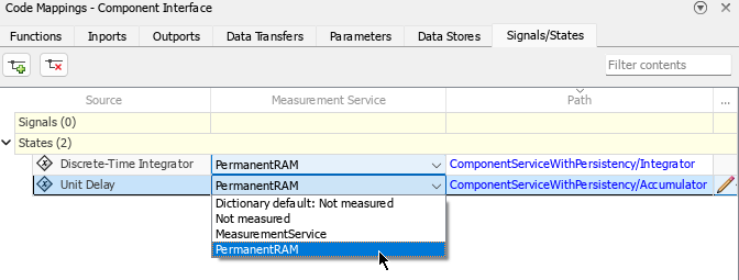 Measurement service for Discrete-Time Integrator and Unit Delay blocks state configured to 'PermanentRAM' in Code Mappings editor