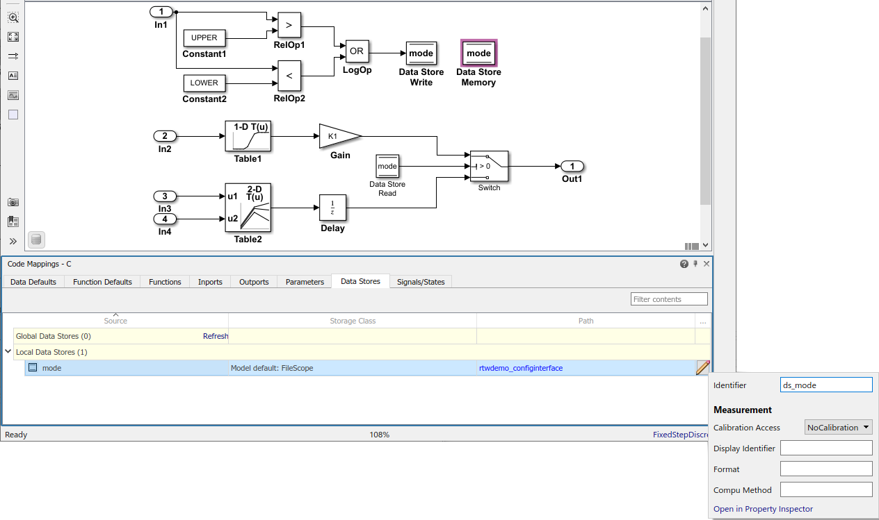 Code Mappings editor with Data Stores tab selected, Shared Local Data Stores tree node expanded, and storage class for data store mode set to Model default: Volatile. Mapping Inspector shows Identifier property for data store mode set to ds_mode.