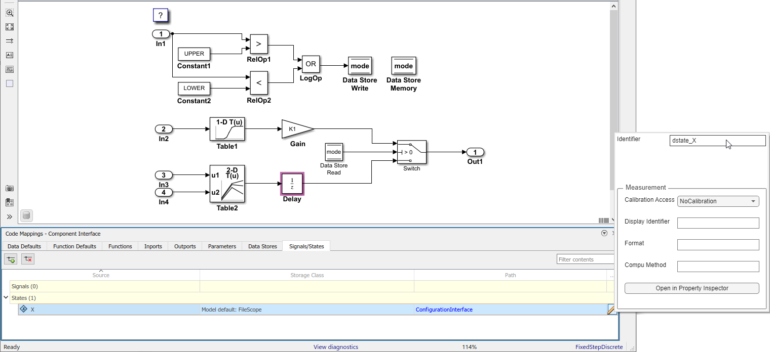 Code Mappings editor with Signals/States tab selected, States tree node expanded, and storage class for state X set to Model default: FileScope. Mapping Inspector shows Identifier property for state X set to dstate_X.