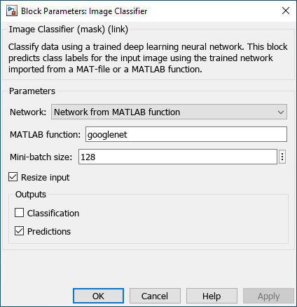 Image Classifier block parameters