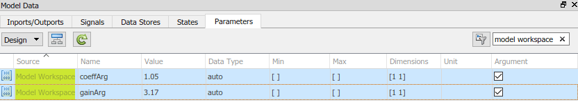 Parameters tab of Code Mappings editor. The two Model Workspace Parameter Arguments, coeffArg and gainArg, are highlighted.