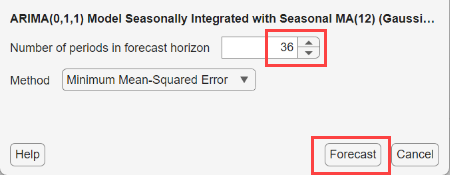The screen shot of the Forecast Model Response dialog box shows the value of the Number of periods in forecast horizon is 36 and the Method parameter is Minimum Mean-Squared Error.