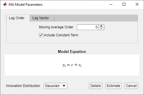 The MA Model Parameters dialog box with the "Lag Order" tab selected, Moving Average Order set to zero, and the check box next-to "Include Constant Term" selected. The Model Equation section is at the bottom.