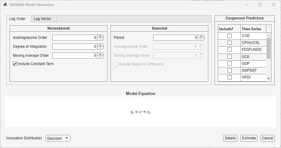 SARIMAX Model Parameters dialog box showing parameter settings