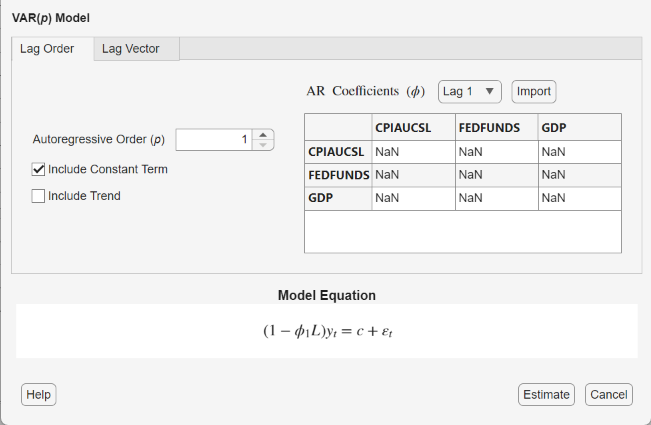 VAR Model Parameters dialog box specifying a VAR(4) model that includes a constant vector
