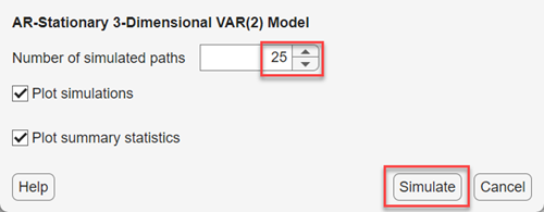 This screen shot shows the Simulate Model Response dialog box with Number of simulated paths set to 25.