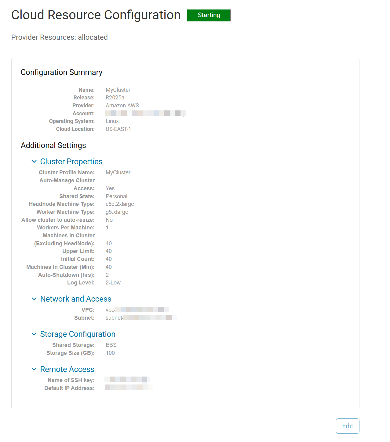 Cloud resource configuration page showing cluster “MyCluster” starting with AWS, Linux, and key settings.