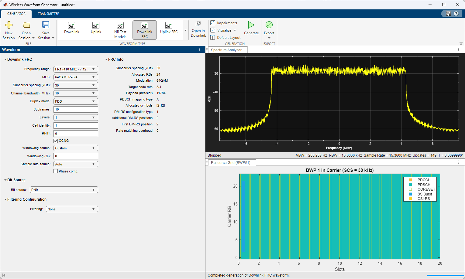 Screencap of the Wireless Waveform Generator app configured with the specified downlink FRC parameters.