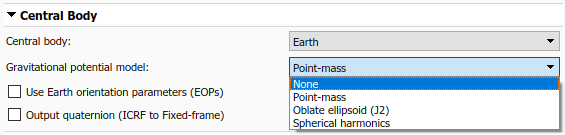 Spacecraft Dynamics Central Body tab with Earth Central Body and Gravitational potential model set to None
