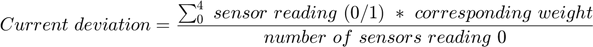 $$ Current\ deviation = \frac{\sum_0^4\ sensor\ reading\ (0/1)\ *\&#10;corresponding\ weight}{number\ of\ sensors\ reading\ 0} $$