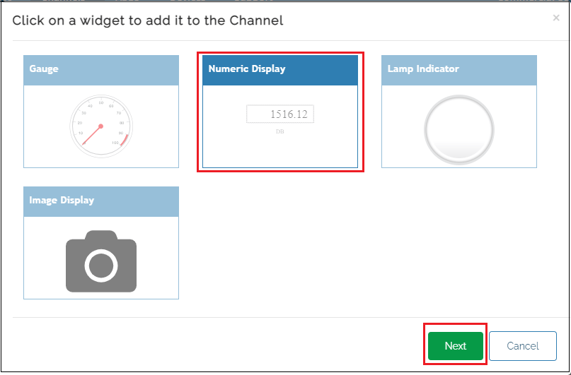 Figure shows all the widgets. Select Numeric Display.