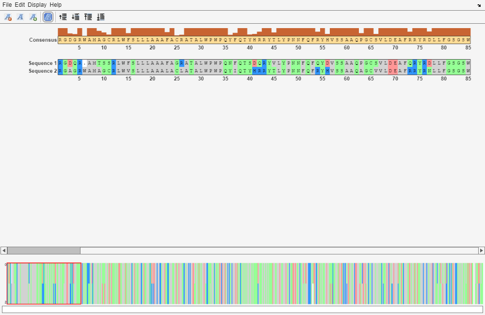 Figure Biological Sequence Alignment - 3 contains 3 axes objects and other objects of type uipanel, uitoolbar, uimenu. Axes object 1 contains an object of type patch. Axes object 2 contains 4 objects of type image, patch. Hidden axes object 3 contains 6 objects of type image, patch, text.