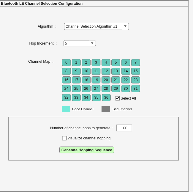 Figure Bluetooth LE Channel Selection Algorithm Analyzer contains an object of type uipanel.