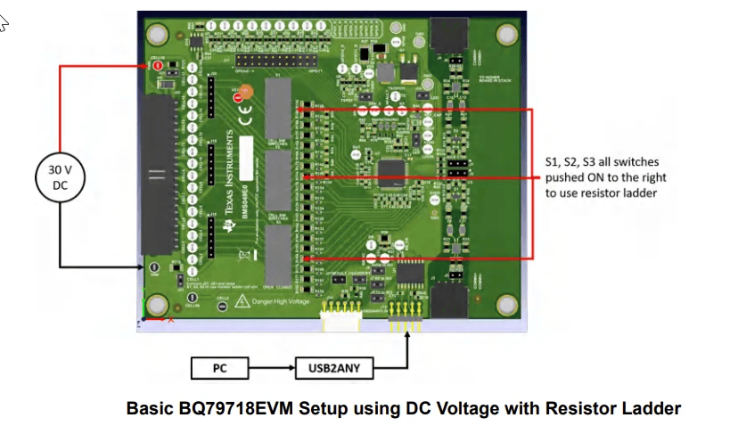 Close-up photo showing jumper wires connecting the LaunchPad J5 header pins (GPIO14 and GPIO15) to the BQ79718EVM J12 UART connector, with a ground wire between GND pins on both boards.