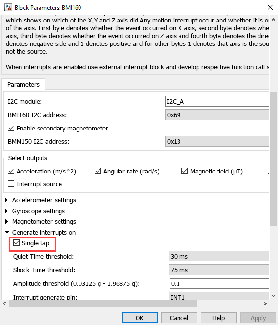 Trigger Downstream Function-Call Subsystem Using C2000 External Interrupt Block with Single Tap Event on BMI160 Sensor