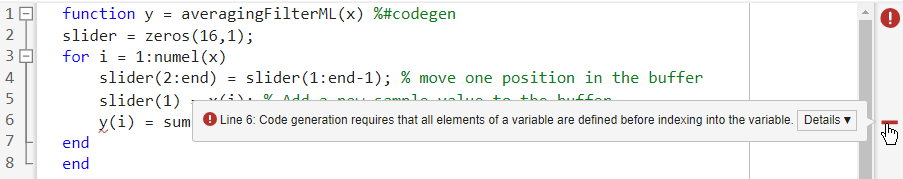Function averagingFilterML, showing Code Analyzer error