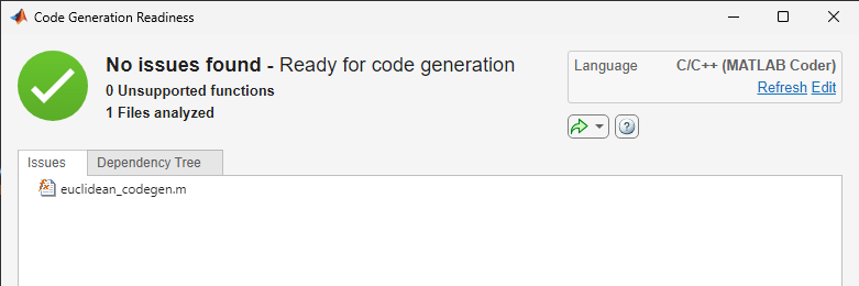 Code generation readiness tool, showing no errors
