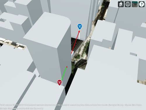 Obstructed line-of-sight path from transmitter site to receiver site. The path is green from the transmitter to the building, and red from the building to the receiver.