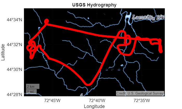Figure contains an axes object with type geoaxes. The geoaxes object contains an object of type line.
