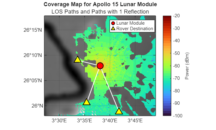Figure contains an axes object with type mapaxes. The mapaxes object contains 5 objects of type rasterimage, pseudocolorraster, line, scatter. These objects represent Lunar Module, Rover Destination.
