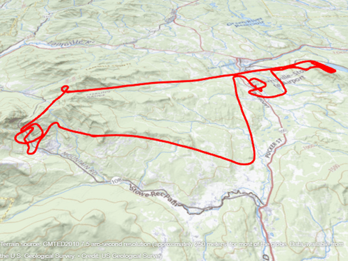 A 3-D line plotted over a region with topographic imagery.