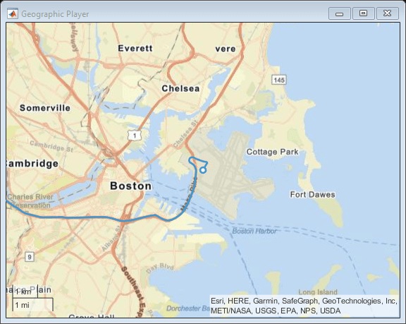 Figure Geographic Player contains an axes object with type geoaxes. The geoaxes object contains 2 objects of type line, scatter.