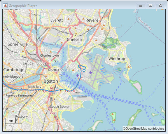 Figure Geographic Player contains an axes object with type geoaxes. The geoaxes object contains 2 objects of type line, scatter.