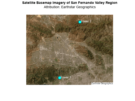 Figure contains an axes object. The axes object with title Satellite Basemap Imagery of San Fernando Valley Region contains 4 objects of type image, line, text. One or more of the lines displays its values using only markers