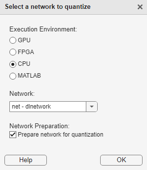 Select a network to quantize window with CPU execution environment, net-dlnetwork, and Prepare network for quantization options selected