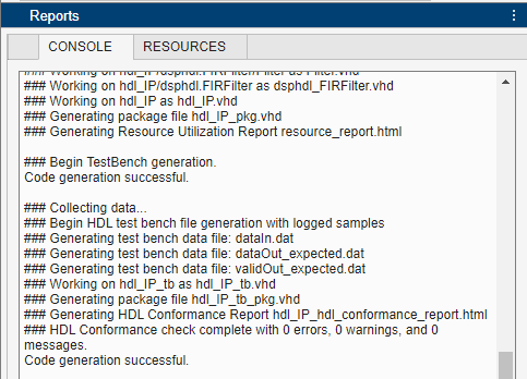 Console tab showing the log of generating HDL code