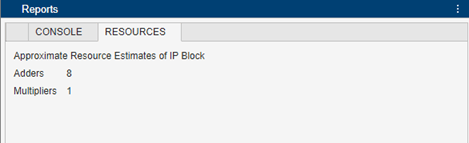 Resources tab showing that the partly serial filter implementation uses 8 adders and 1 multiplier