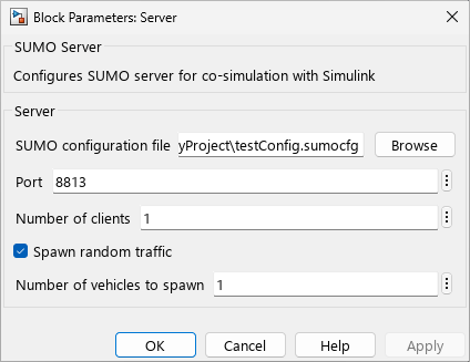 Block Parameters dialog box of the Server block