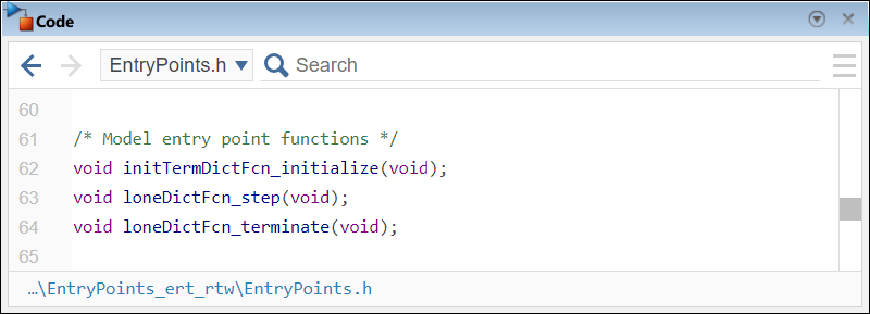 Code pane showing the declaration of the functions initTermDictFcn_initialize, loneDictFcn_step, and loneDictFcn_terminate in the header file EntryPoints.h.
