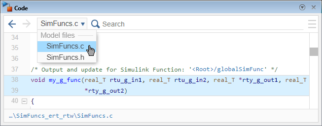 Code pane showing the prototype of the generated function in the file SimFuncs.c. The function prototype is void my_g_func(real_T rtu_g_in1, real_T rtu_g_in2, real_T *rty_g_out1, real_T *rty_g_out2).