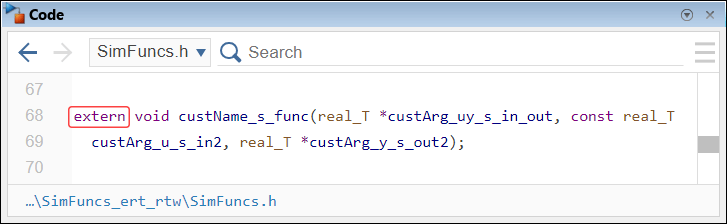 Code pane showing the function declaration in the file SimFuncs.h.