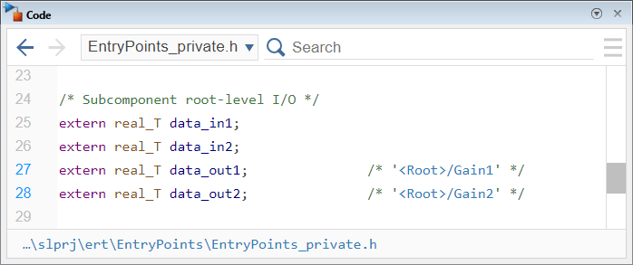 Code pane showing the definition of the root-level model ports data_in1, data_in2, data_out1, and data_out2 as globals in the generated header file EntryPoints_private.h.