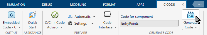 Simulink Toolstrip with the C Code tab selected. The arrow cursor points to the Generate Code button.